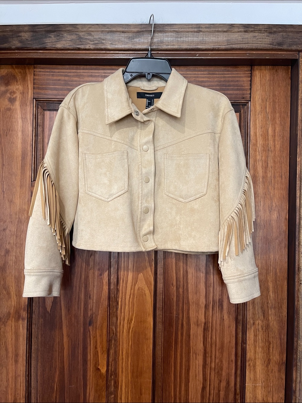 Forever 21 Tan Suede-Inspired Cropped Fringe Bomber Jacket